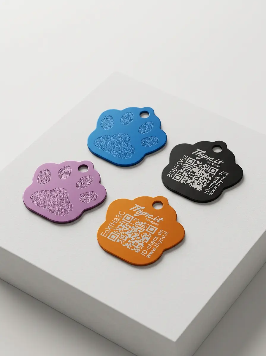 Tiermarke mit QR-Code aus Aluminium in Pfotenform